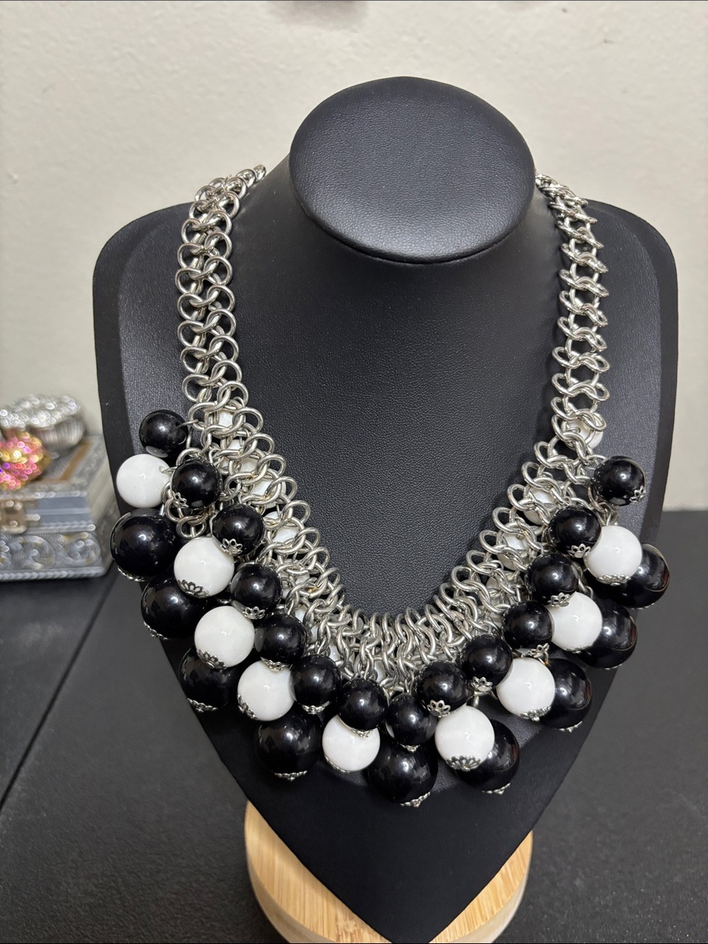 Chunky Black & White Beaded Chacha Silver Tone Statement Necklace